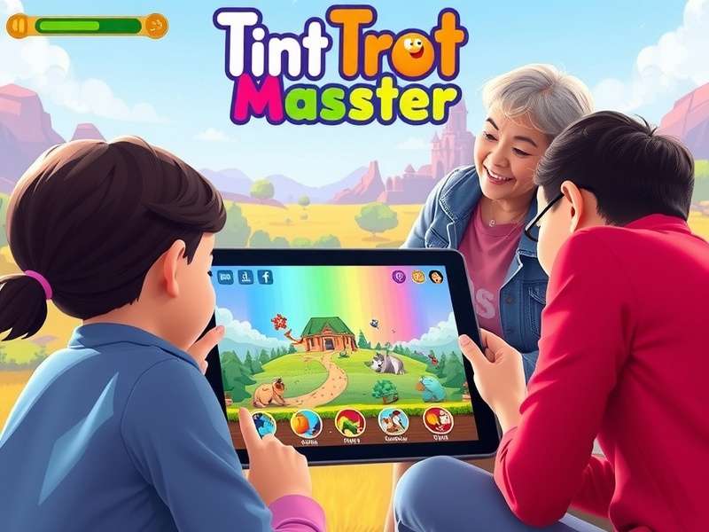 Multi-generational family enjoying Tint Trot Master together on a tablet