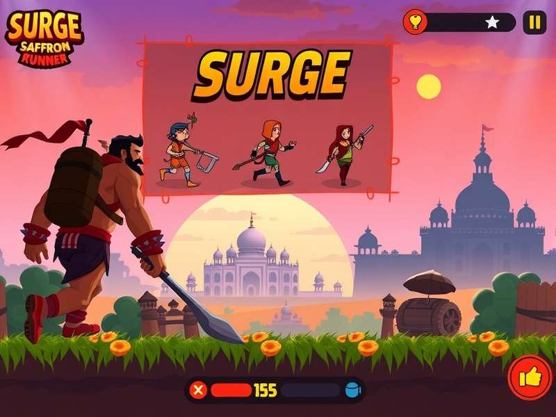 Surge Saffron Runner gameplay screenshot showing vibrant Indian landscapes
