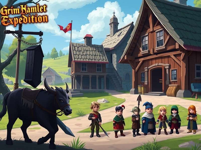 Grim Hamlet Expedition gameplay screenshot showing village exploration