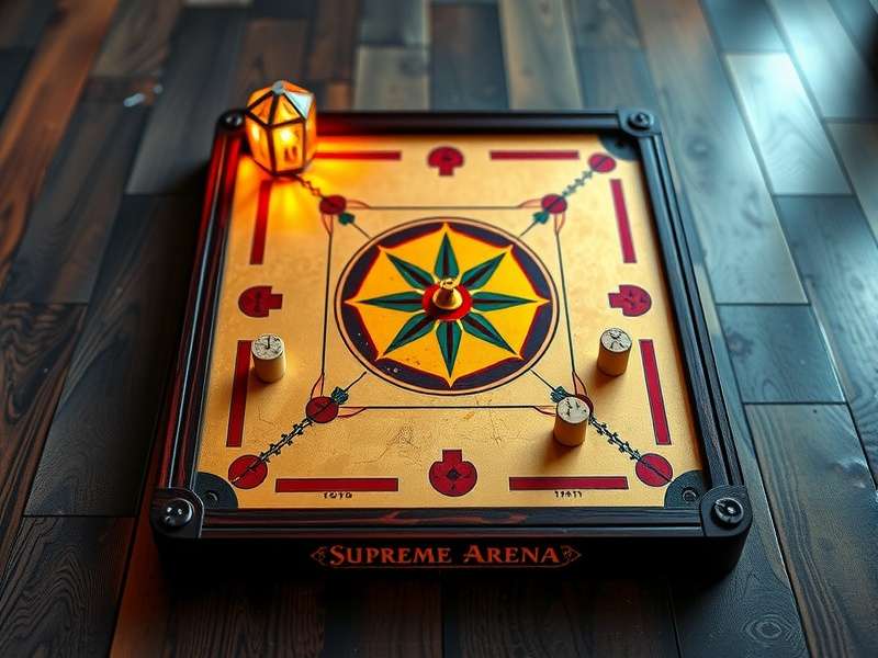 Carrom Supreme Arena board with pieces in starting position