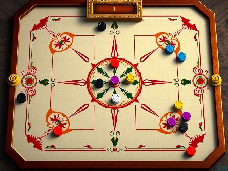 Traditional carrom board with pieces