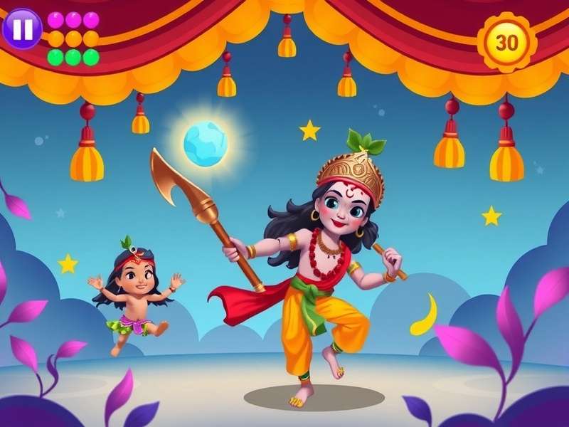 Krishna S Joyful Play gameplay screenshot showing vibrant colors and characters