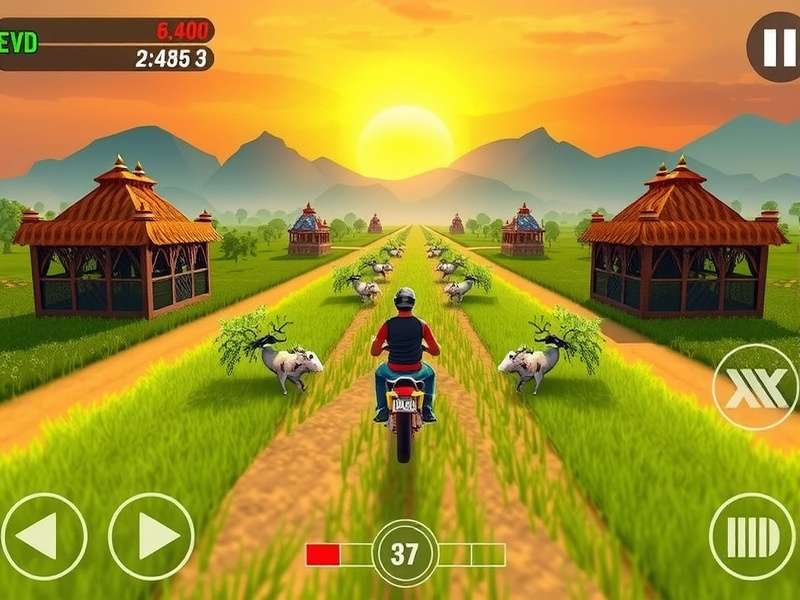 Sunset Glory Chase gameplay screenshot showing vibrant Indian landscape