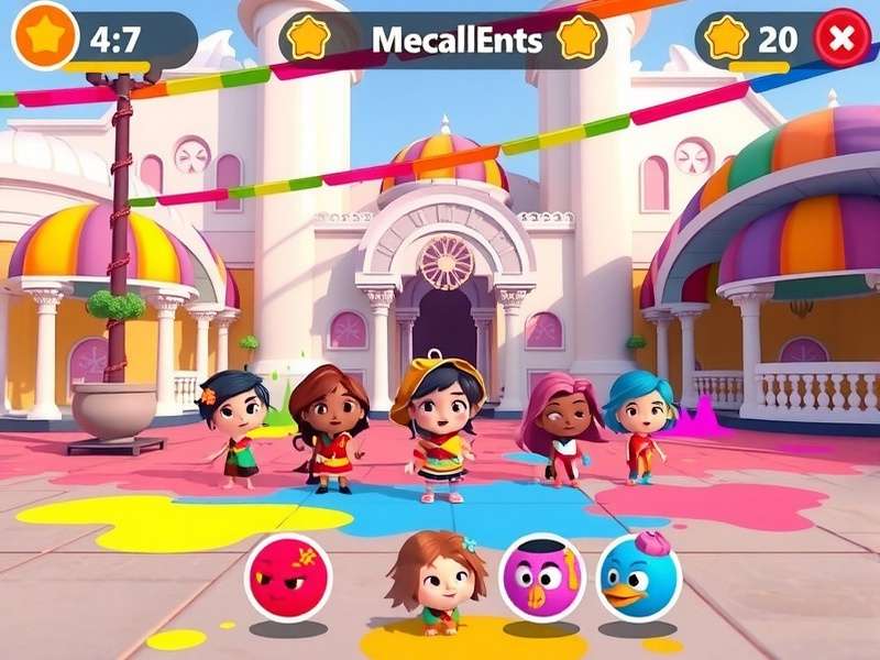 Holi Sunny Adventure gameplay screenshot showing colorful festival environment