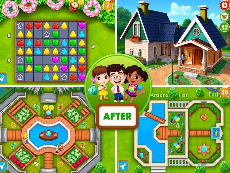 Garden renovation progress in Gardenscapes Garden Adventure showing before and after transformation