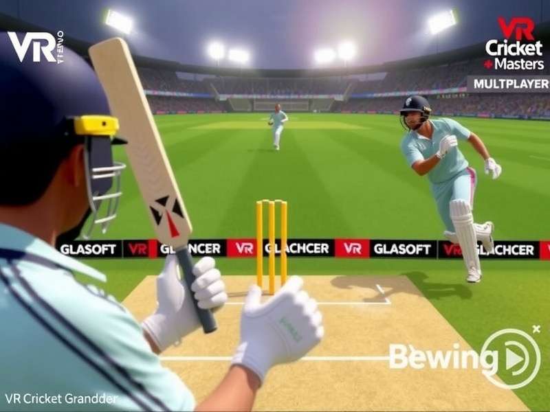 VR Cricket Grand Masters gameplay showing batsman perspective