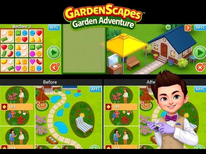 Customized garden designs in Gardenscapes Garden Adventure showing different themes and layouts