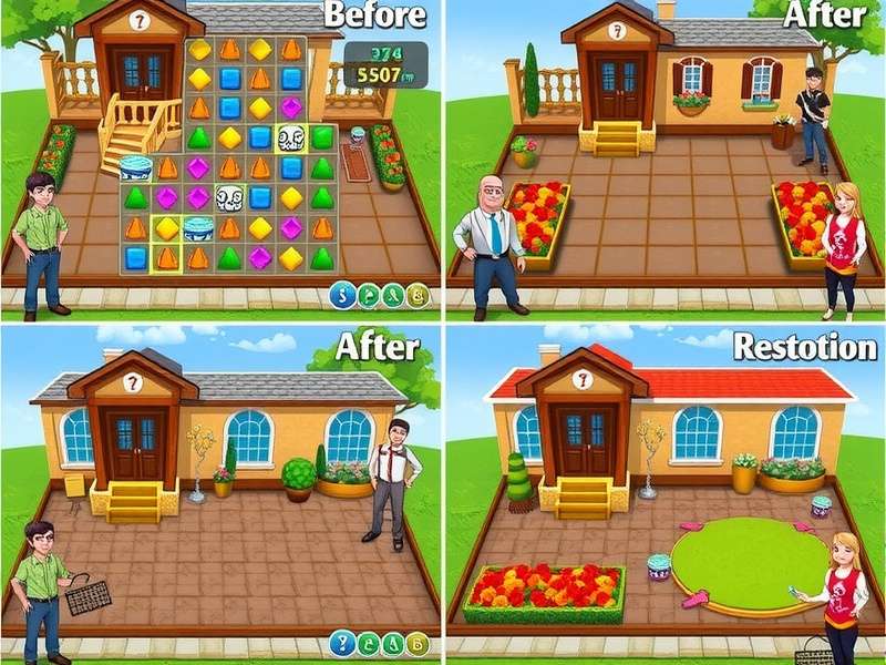 Gardenscapes Garden Adventure gameplay showing match-3 puzzles and garden design