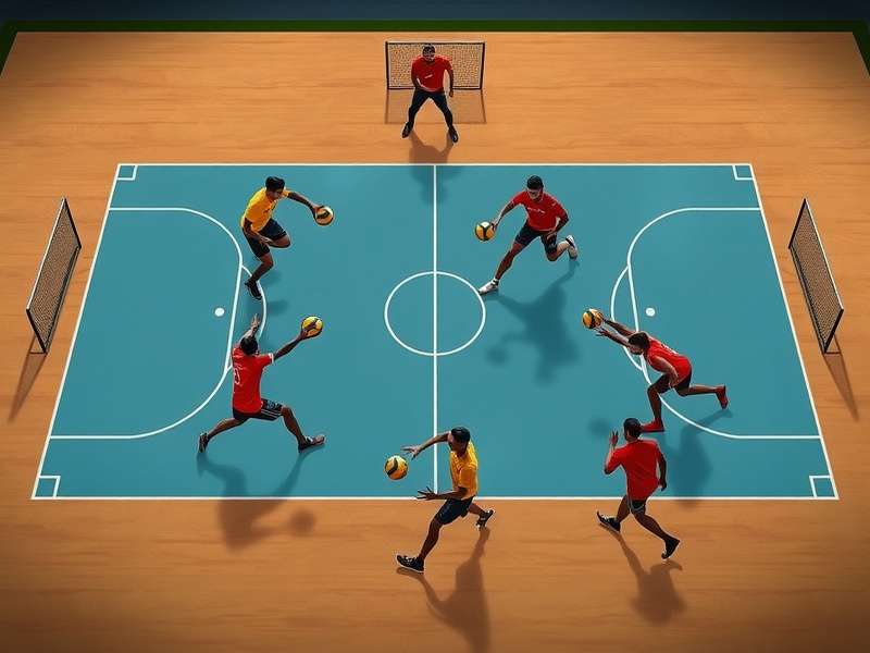 Diagram showing Indian Handball Dynamite court dimensions and player positions