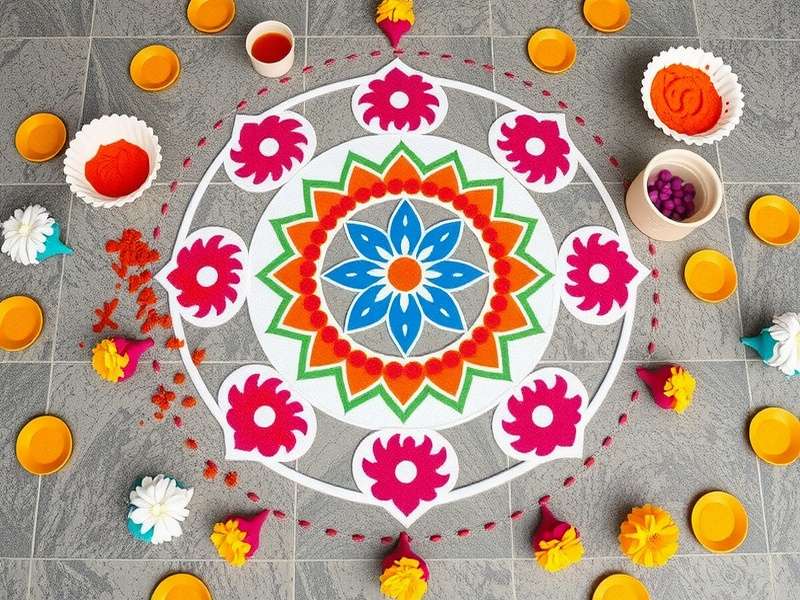 Traditional Rangoli Art - Joyful Journey Rangoli Traditional Indian Rangoli design with intricate patterns and bright colors