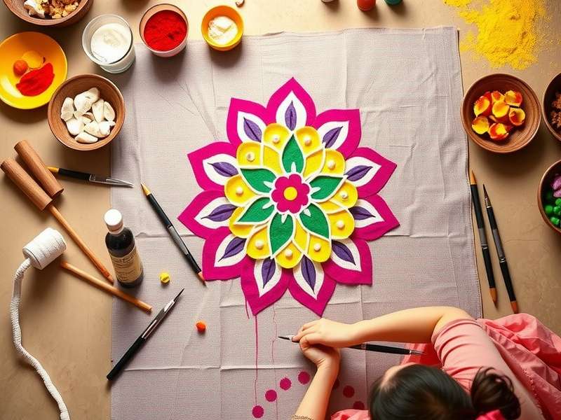 Rangoli Creation Process - Joyful Journey Rangoli Step-by-step process of creating a Rangoli design from dots to finished pattern