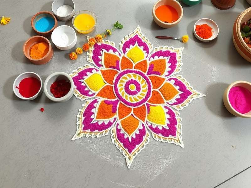 Rangoli Materials - Joyful Journey Rangoli Various materials used in creating Rangoli including colored powders and flowers