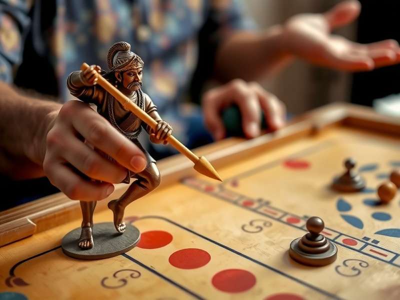 Close-up of carrom pieces and striker