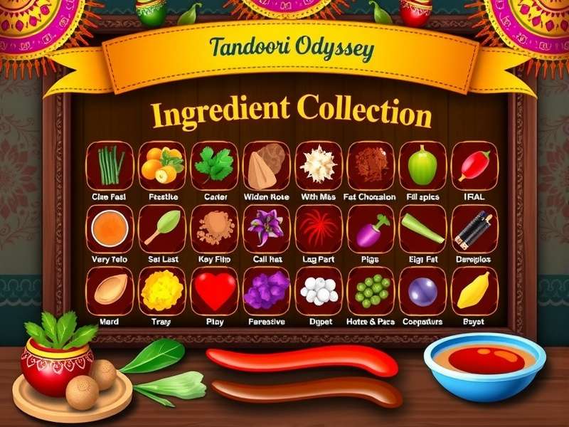 Tandoori Odyssey Ingredient Collection Screen - Vibrant spices and vegetables
