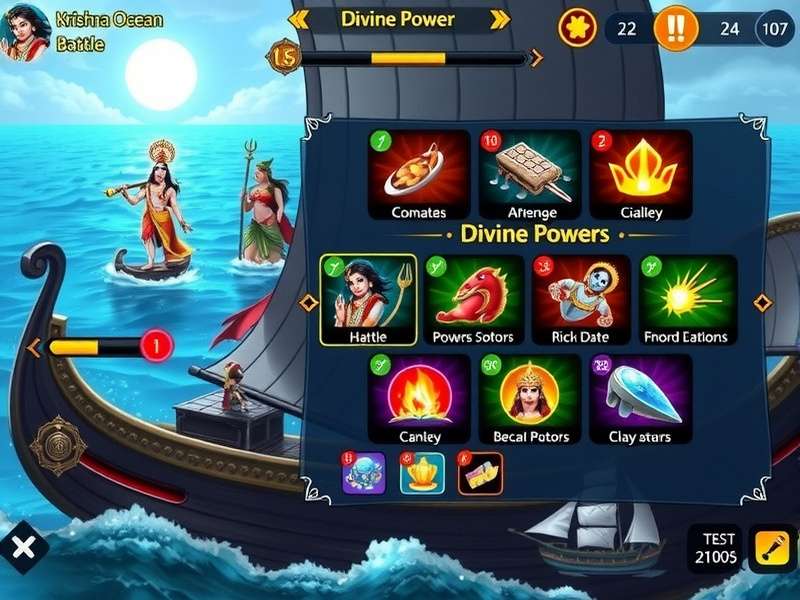 Krishna Ocean Overlord resource management interface and divine powers menu